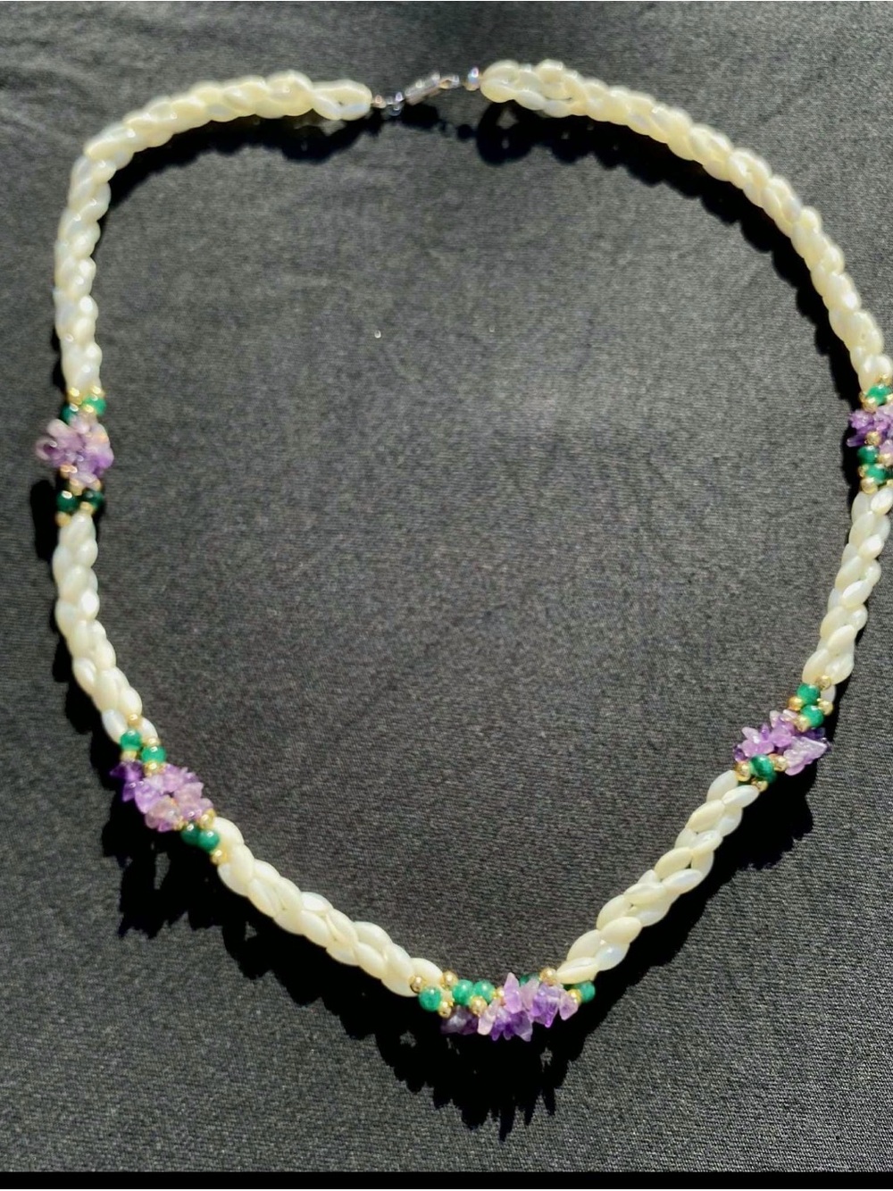 Vintage Mother of Pearl Rice Bead Necklace with Purple Stone